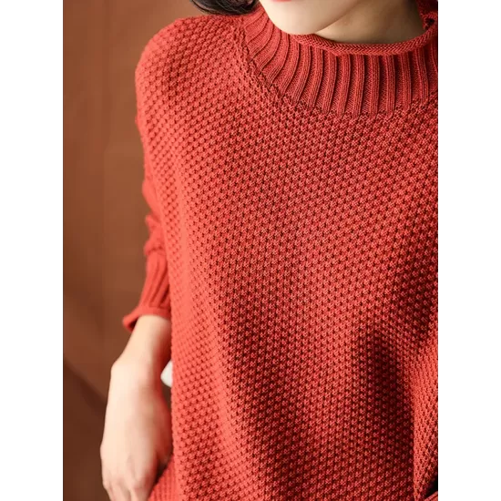 Casual Loose Long Sleeves Solid Color High-Neck Sweater Tops