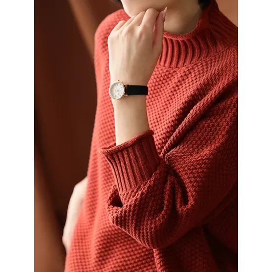 Casual Loose Long Sleeves Solid Color High-Neck Sweater Tops