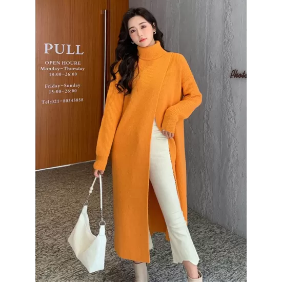 Stylish Long Sleeves Split-Front Solid Color High-Neck Sweater Tops