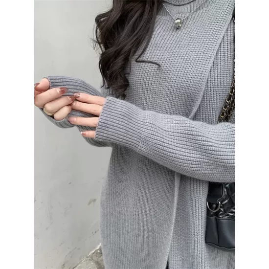 Stylish Long Sleeves Split-Front Solid Color High-Neck Sweater Tops