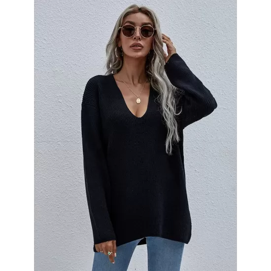 Casual Loose Solid Color V-Neck Sweater Tops