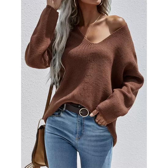 Casual Loose Solid Color V-Neck Sweater Tops