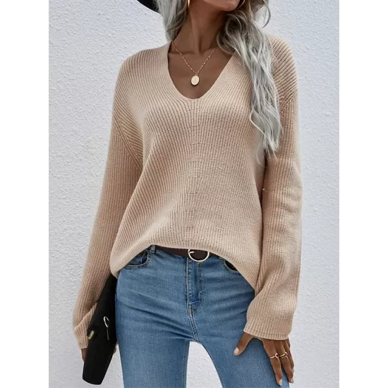 Casual Loose Solid Color V-Neck Sweater Tops