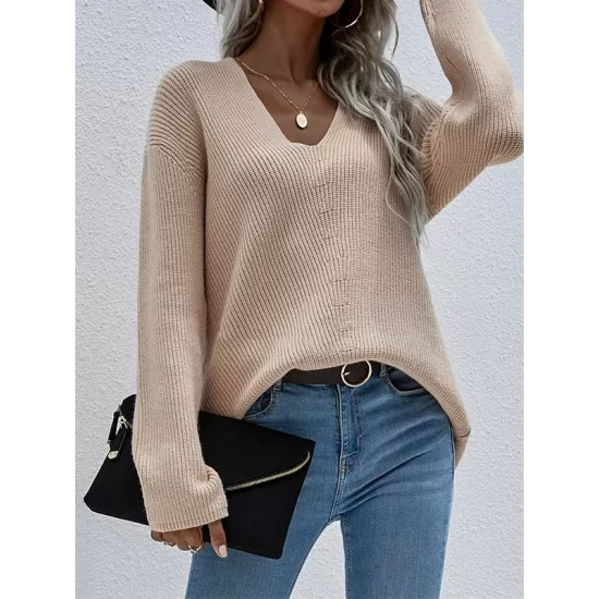 Casual Loose Solid Color V-Neck Sweater Tops