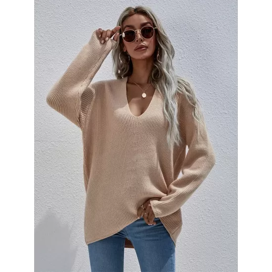 Casual Loose Solid Color V-Neck Sweater Tops