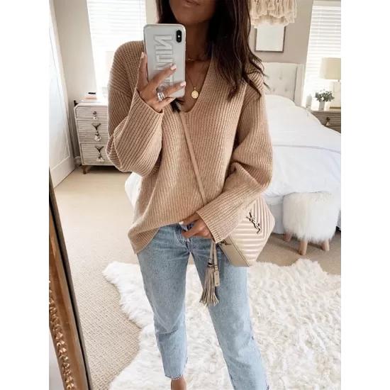 Casual Loose Solid Color V-Neck Sweater Tops