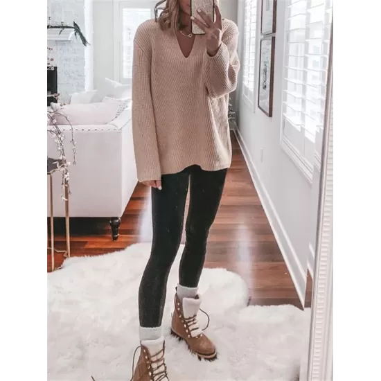 Casual Loose Solid Color V-Neck Sweater Tops