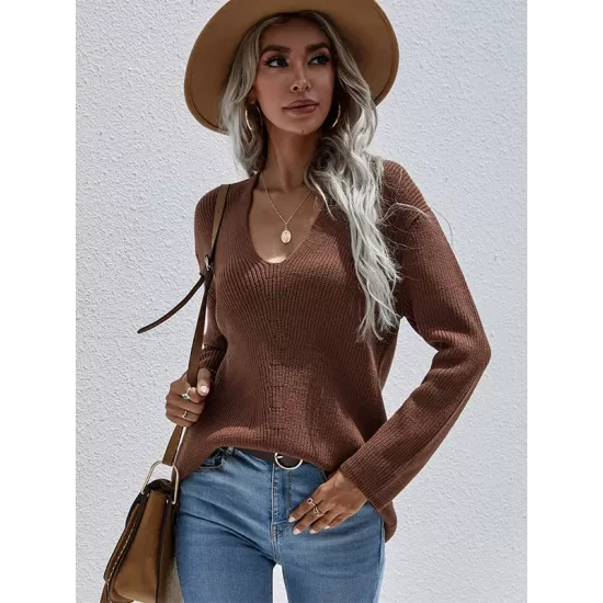 Casual Loose Solid Color V-Neck Sweater Tops