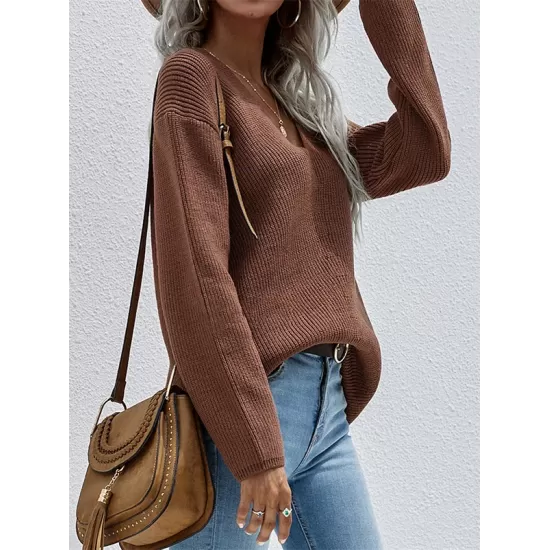 Casual Loose Solid Color V-Neck Sweater Tops