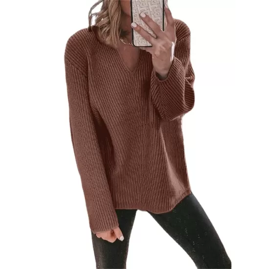 Casual Loose Solid Color V-Neck Sweater Tops