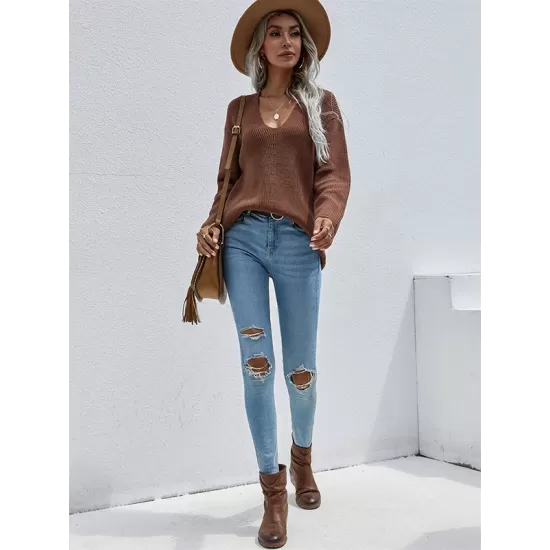 Casual Loose Solid Color V-Neck Sweater Tops