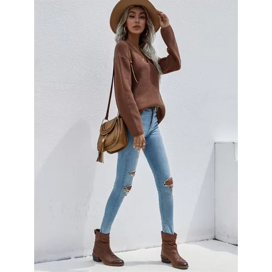 Casual Loose Solid Color V-Neck Sweater Tops