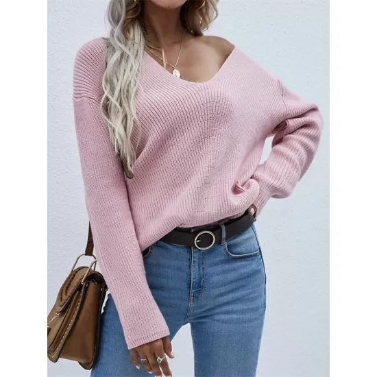 Casual Loose Solid Color V-Neck Sweater Tops