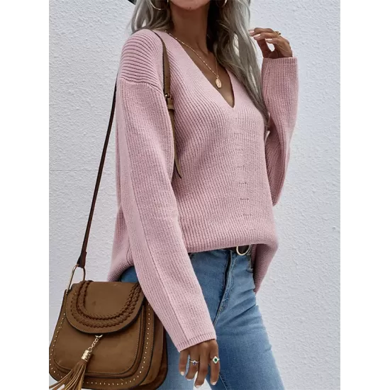 Casual Loose Solid Color V-Neck Sweater Tops