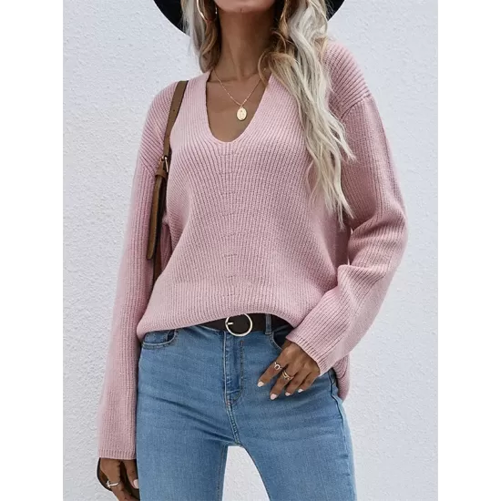 Casual Loose Solid Color V-Neck Sweater Tops