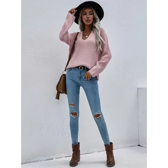 Casual Loose Solid Color V-Neck Sweater Tops