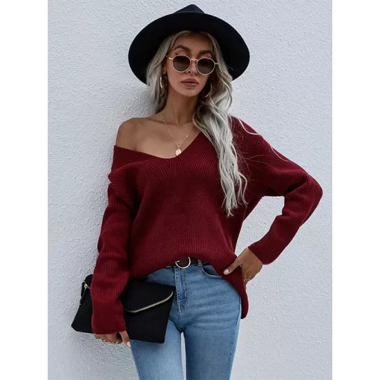 Casual Loose Solid Color V-Neck Sweater Tops