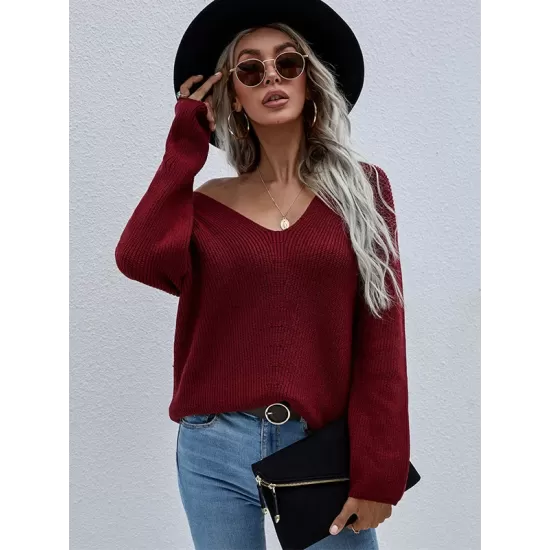 Casual Loose Solid Color V-Neck Sweater Tops