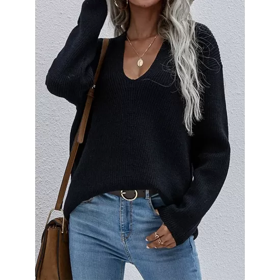 Casual Loose Solid Color V-Neck Sweater Tops