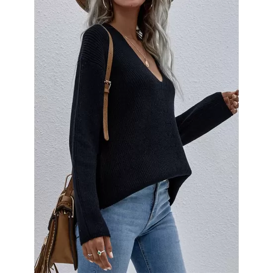 Casual Loose Solid Color V-Neck Sweater Tops