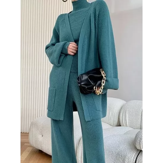 Stylish Solid 3 Piece High-Neck Sweater & Wide Leg Pants& Cardigan Tops Set