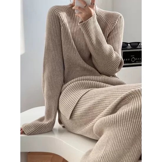 Urban Loose Solid Round-Neck Split-Side Sweater& Wide Leg Pants Suits