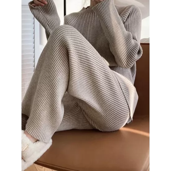 Urban Loose Solid Round-Neck Split-Side Sweater& Wide Leg Pants Suits