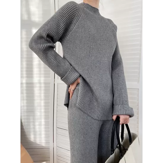 Urban Loose Solid Round-Neck Split-Side Sweater& Wide Leg Pants Suits