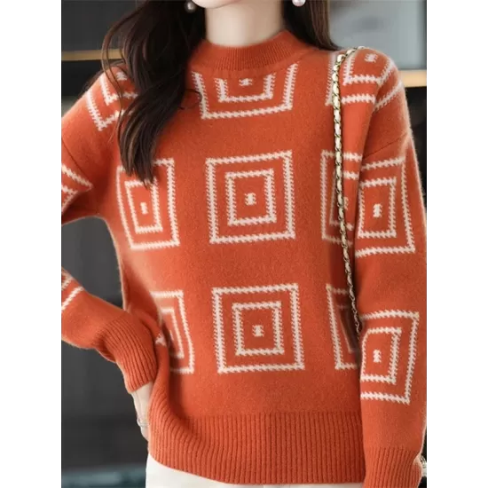 Casual Long Sleeves Loose Contrast Color Plaid Stand Collar Sweater Tops