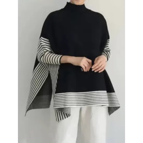 Split-Joint Split-Side Striped Batwing Sleeves Loose High Neck Sweater