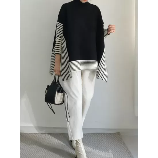 Split-Joint Split-Side Striped Batwing Sleeves Loose High Neck Sweater