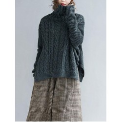 Cable- Knit High-neck Solid Loose Sweater