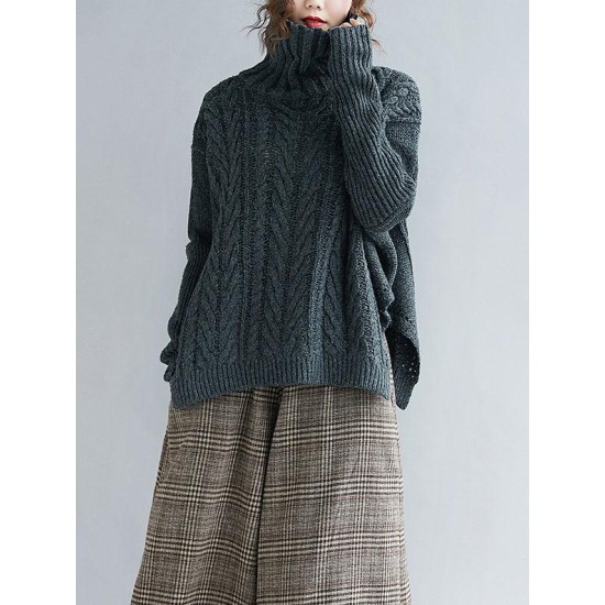 Cable- Knit High-neck Solid Loose Sweater