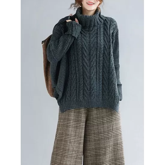 Cable- Knit High-neck Solid Loose Sweater