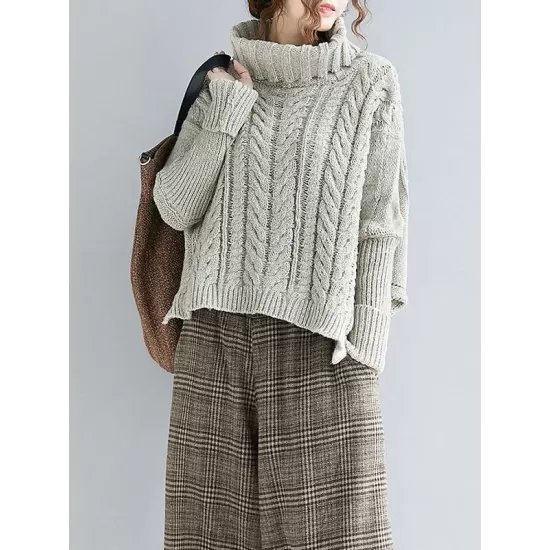 Cable- Knit High-neck Solid Loose Sweater