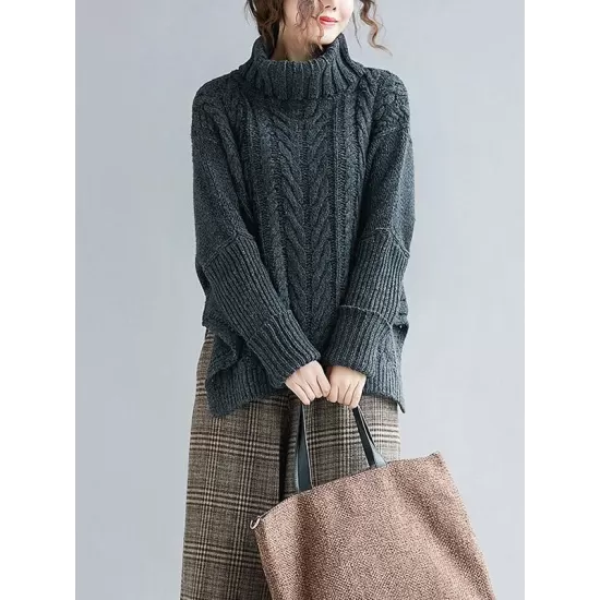 Cable- Knit High-neck Solid Loose Sweater