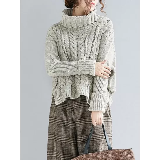 Cable- Knit High-neck Solid Loose Sweater