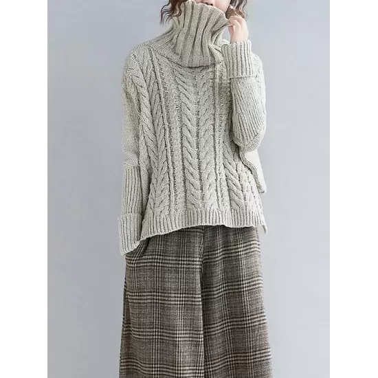 Cable- Knit High-neck Solid Loose Sweater