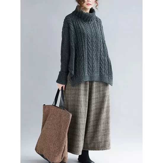 Cable- Knit High-neck Solid Loose Sweater