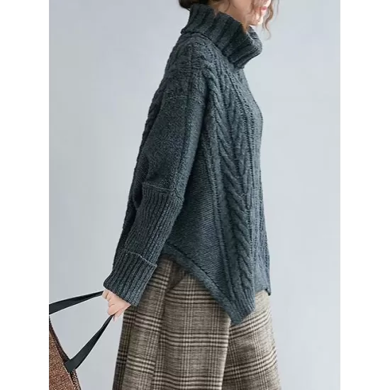 Cable- Knit High-neck Solid Loose Sweater