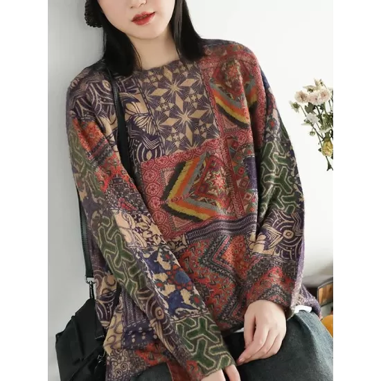 Ethnic Style Round Neck Print Sweater