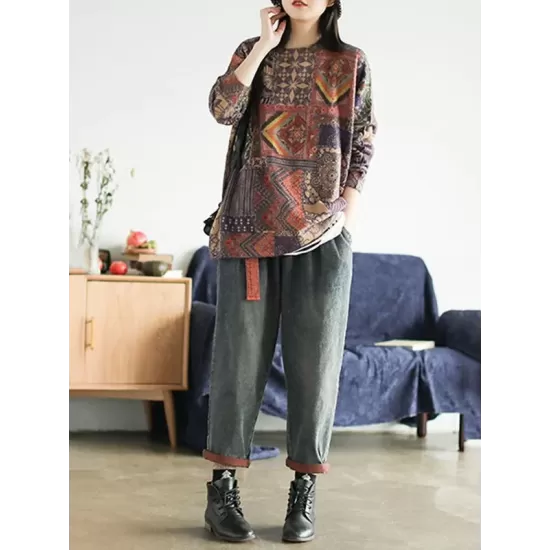 Ethnic Style Round Neck Print Sweater