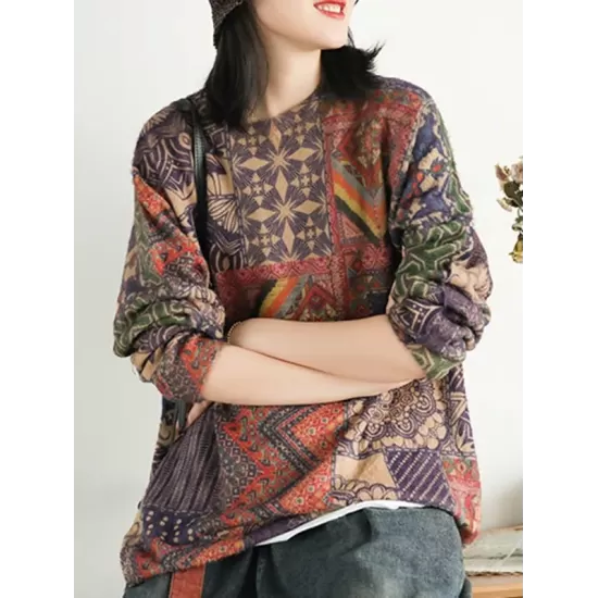 Ethnic Style Round Neck Print Sweater