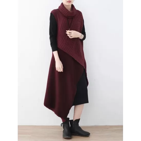 Casual Vintage Knitting High-Neck Sleeveless Dress