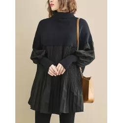 Knitting Pleats Split-Joint High-Neck Pullover Top