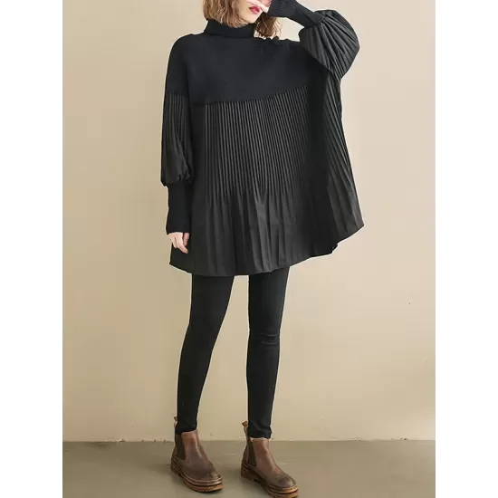 Knitting Pleats Split-Joint High-Neck Pullover Top