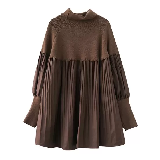 Knitting Pleats Split-Joint High-Neck Pullover Top