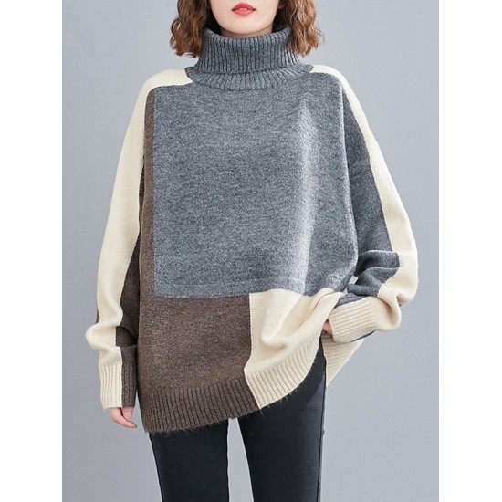 Stylish Split-Joint High-Neck Knitting Sweater