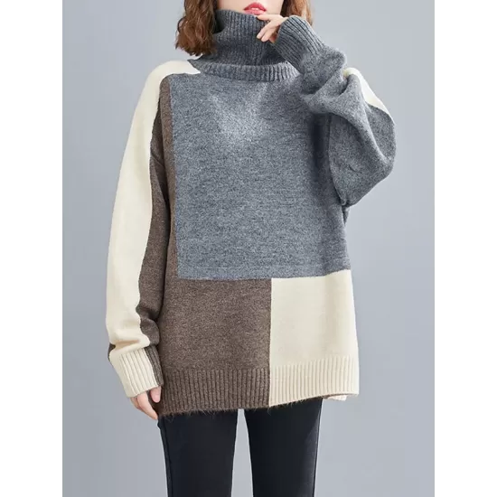 Stylish Split-Joint High-Neck Knitting Sweater