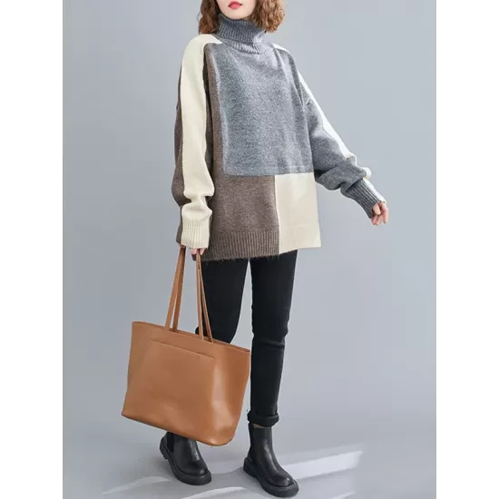 Stylish Split-Joint High-Neck Knitting Sweater